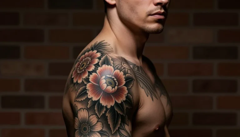 Мужчина с цветочными татуировками на руке