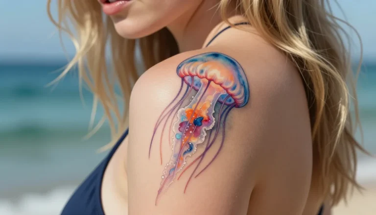 Watercolor jellyfish tattoo on the shoulder blade.