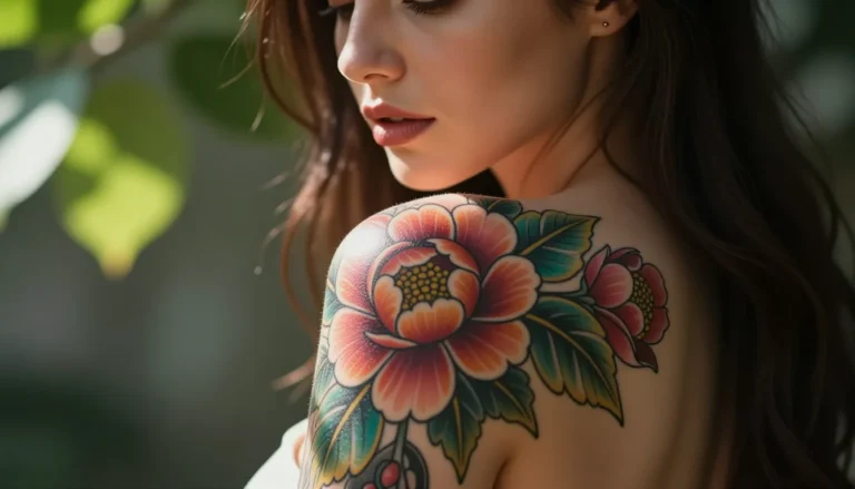 Colorful floral tattoo on a woman's shoulder.