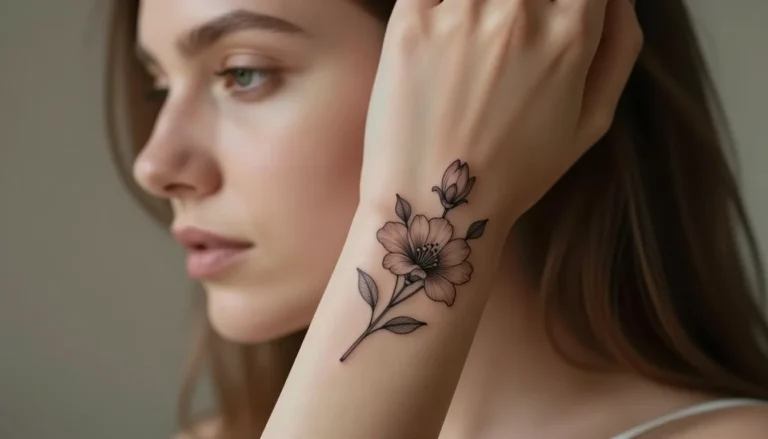 Minimalist floral tattoo on a wrist.