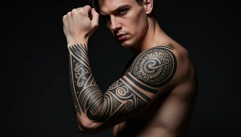 Человек с черными татуировками на руке и плече.