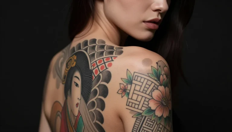 Женщина с разнообразными татуировками в разных стилях.