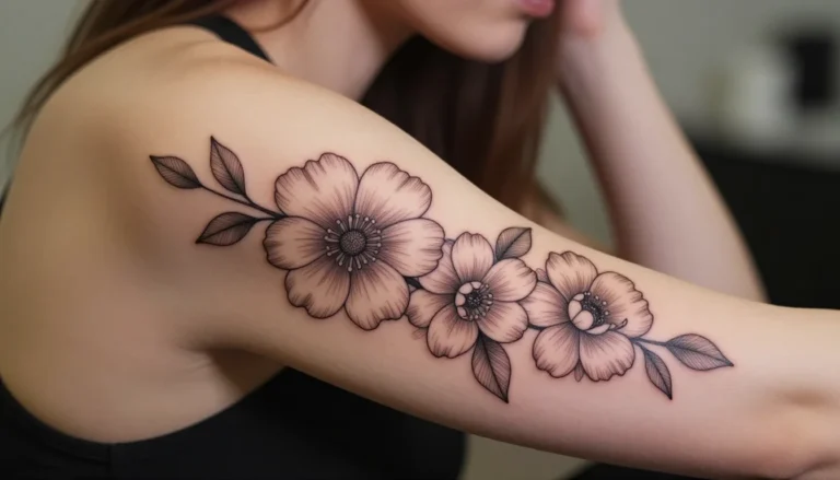 Floral contour tattoo on a woman's forearm.