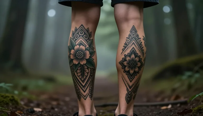 Floral leg tattoo in the woods