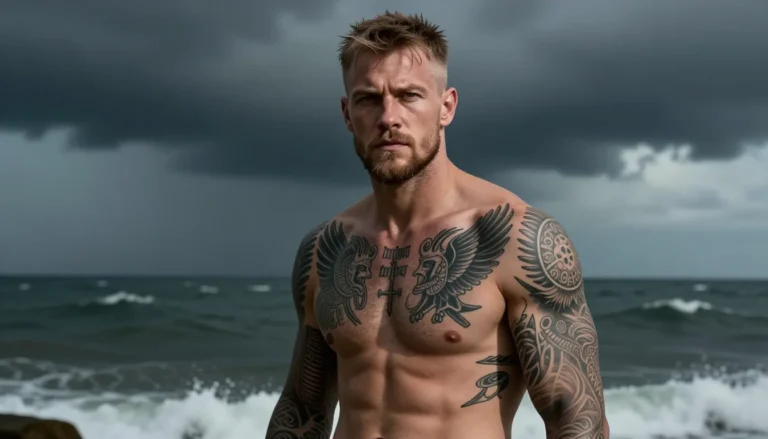 Мужчина с татуировками в стиле скандинавской мифологии на фоне моря.
