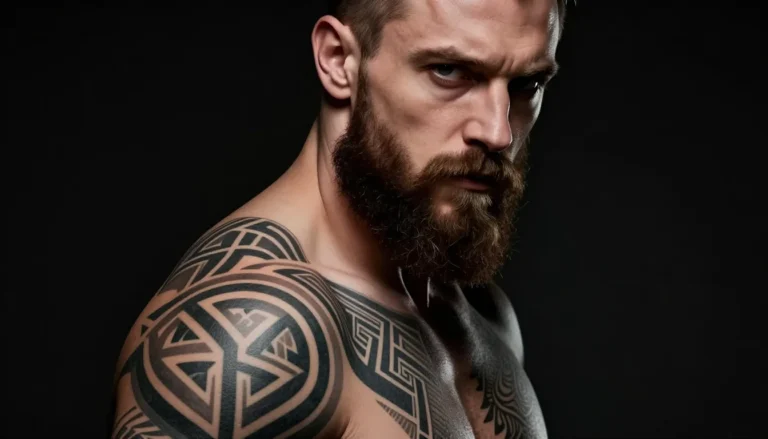 Мужчина с геометрическими татуировками на плече