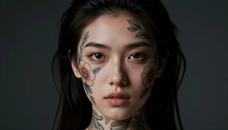 Татуировки на лице - портрет девушки с цветами