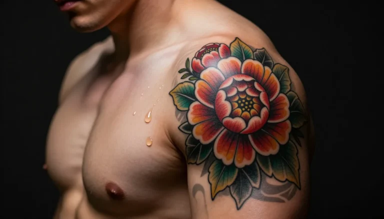 Freshly tattooed floral sleeve on a muscular male arm.