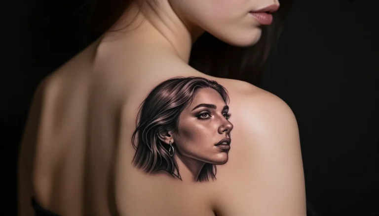 Татуировка на тонкой коже спины девушки.