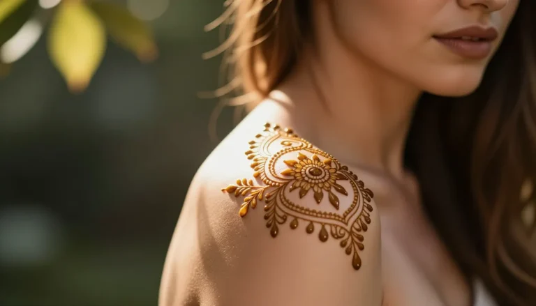 Красивая временная татуировка хной на плече девушки.