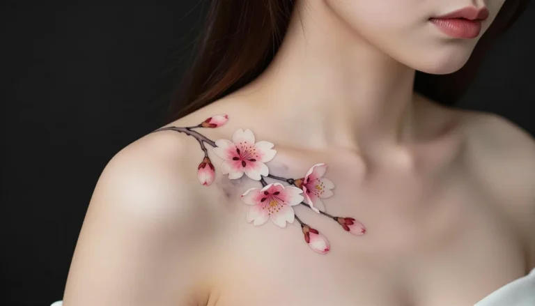 Watercolor cherry blossom tattoo on a shoulder.