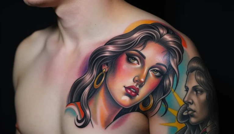 Colorful shoulder tattoo featuring floral elements and geometric shapes