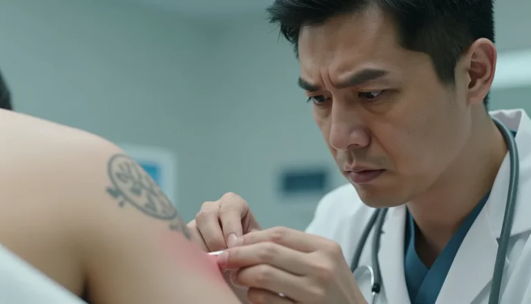 Concerned doctor checking patient's skin near tattoos.