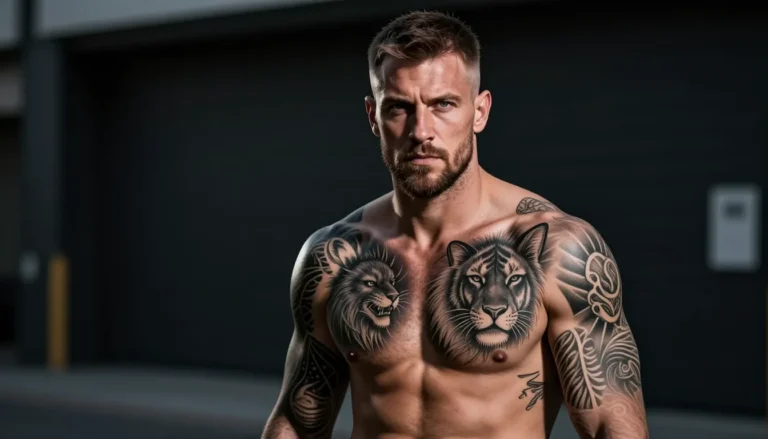 Мужчина с эффектными татуировками на теле.
