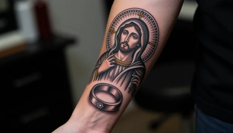 Татуировка с изображением религиозных мотивов и обручальных колец на руке