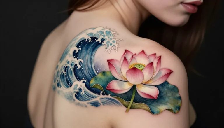 Stunning watercolor wave and flower tattoo design.
