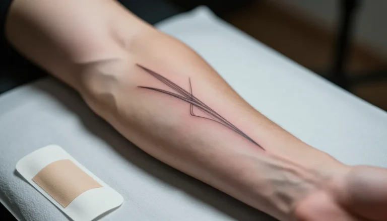 Close-up of a fresh tattoo healing process.