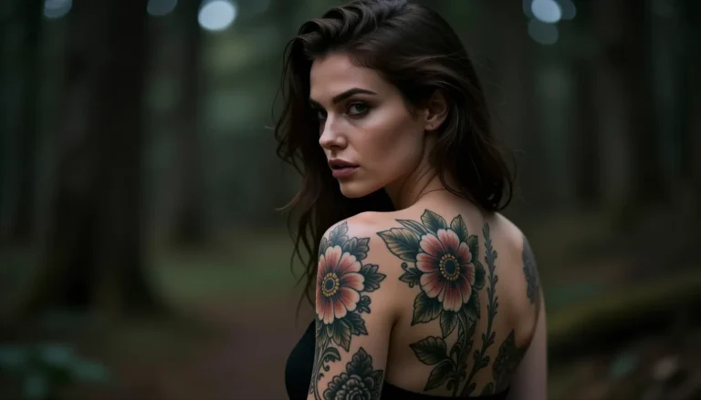 Идеальная татуировка на красивой девушке в лесу