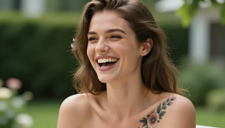 Молодая женщина с временной татуировкой в саду.