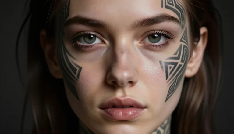 Geometric facial tattoo close-up.