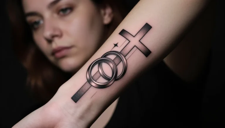 Geometric tattoo with crosses and wedding rings.