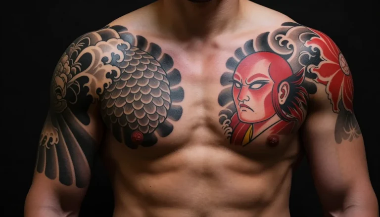 Красно-черная татуировка в японском стиле на спине мужчины
