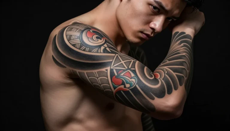 Рукав татуировок с японскими и геометрическими мотивами.