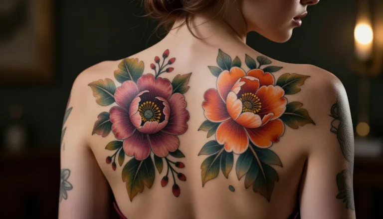 Floral tattoo design on a woman's back.