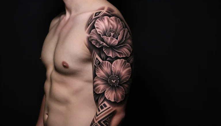 Мужская рука с полной татуировкой в стиле флористики и геометрии