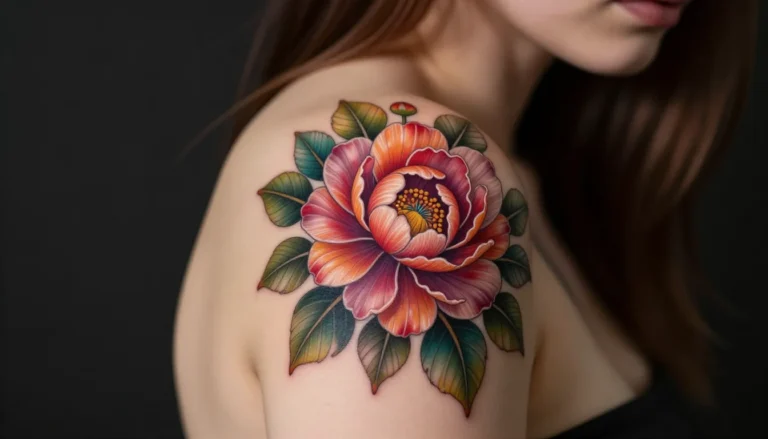 Colorful floral shoulder tattoo.