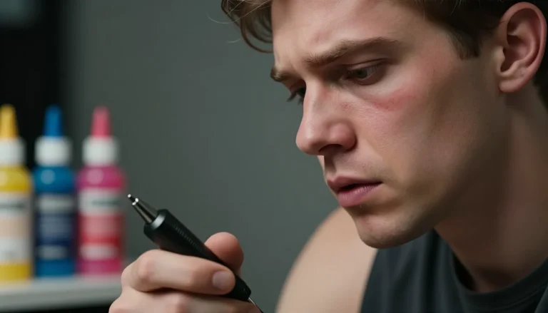 Concerned individual examining their skin near tattoo equipment.