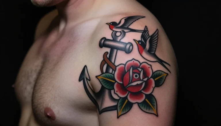 Traditional style anchor rose and swallow tattoo.