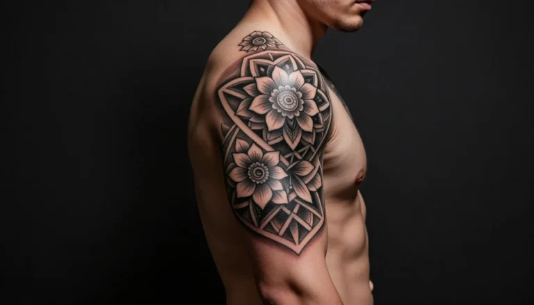 Geometric floral sleeve tattoo on a man's arm.
