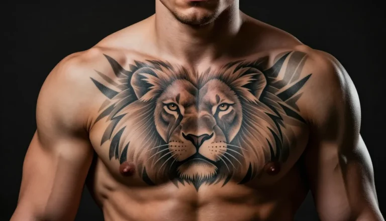 Geometric lion chest tattoo on athletic male model.