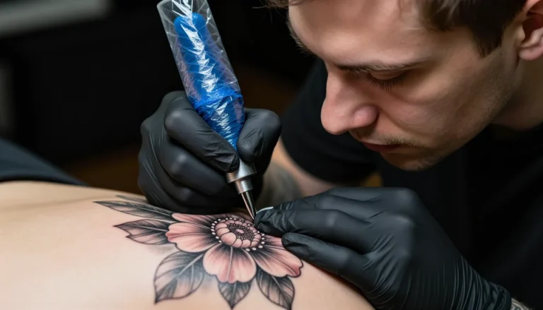 Тату-мастер наносит краску для татуировки.