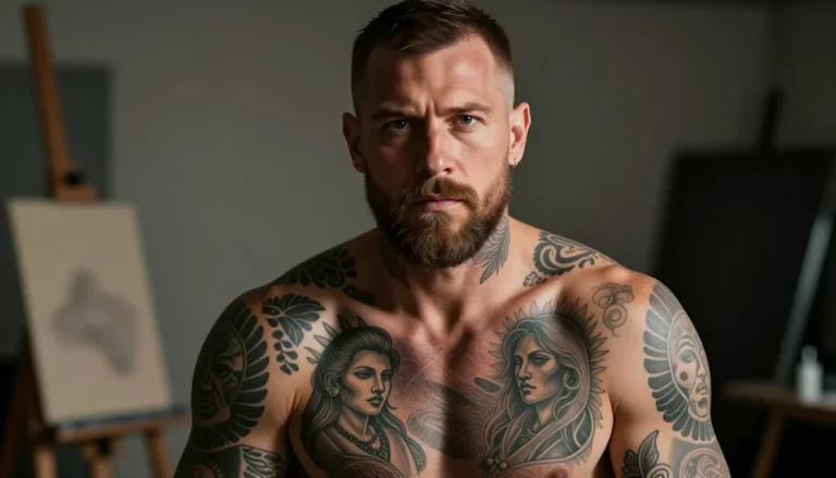 Мужчина с множеством татуировок в мастерской