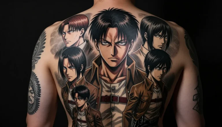 Аниме татуировки на спине человека.