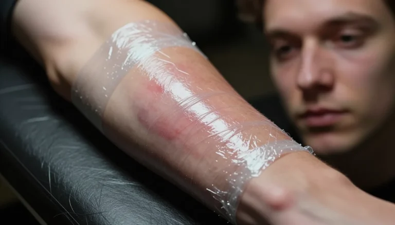 Заживающая татуировка на руке под пленкой.