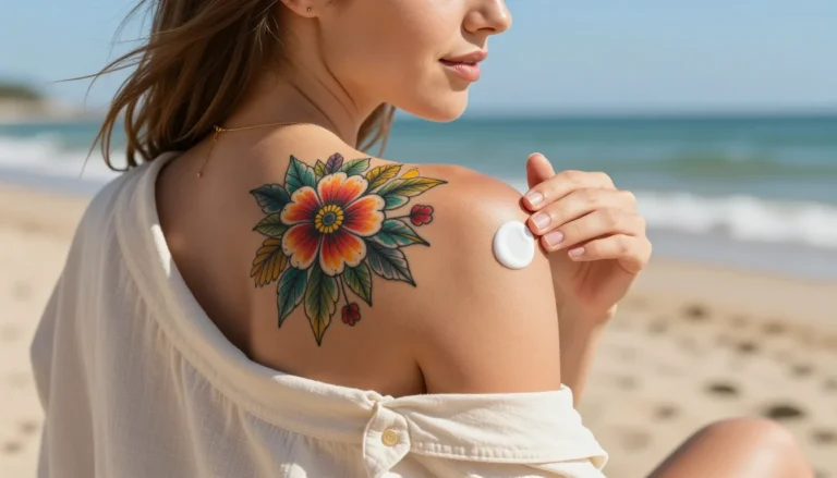 Woman protecting her tattoos from the sun.