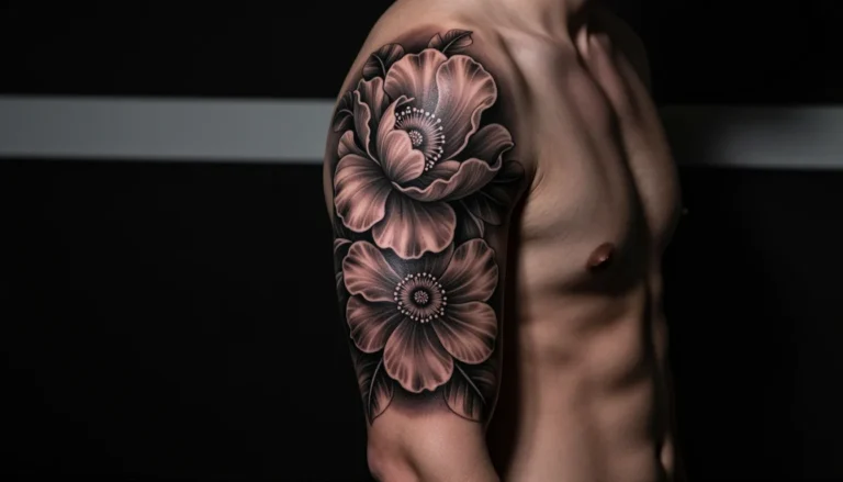 Full sleeve floral tattoo on muscular man's arm.