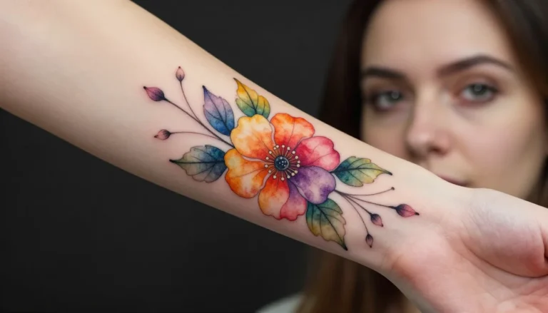 Цветная татуировка с акварельными цветами на предплечье девушки.