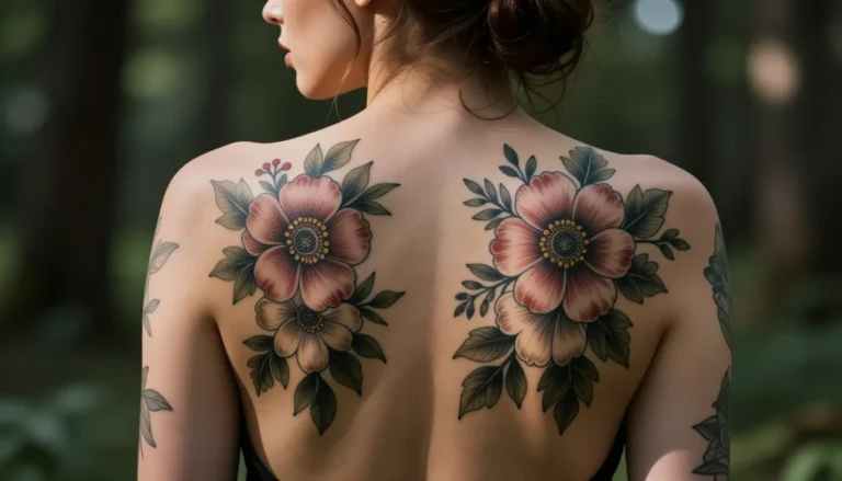 Крупный план женской спины с красивой татуировкой в виде цветов.