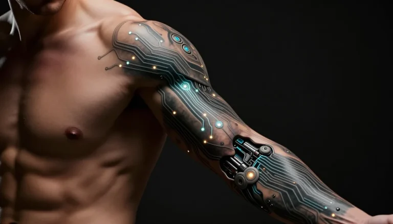 Futuristic biomechanical tattoo on an arm.