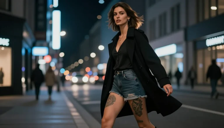 Stylish woman with a beautiful leg tattoo walking in the city.