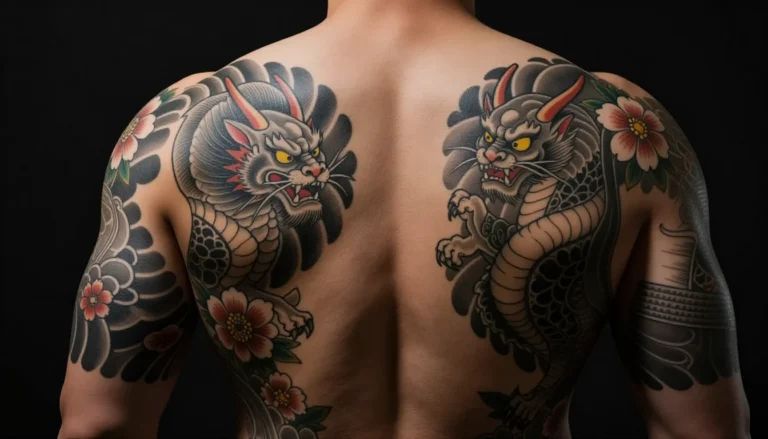 Elaborate Japanese-style back tattoo.