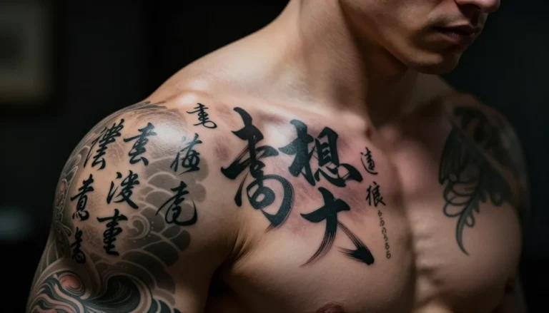 Японская каллиграфия на плече мужчины