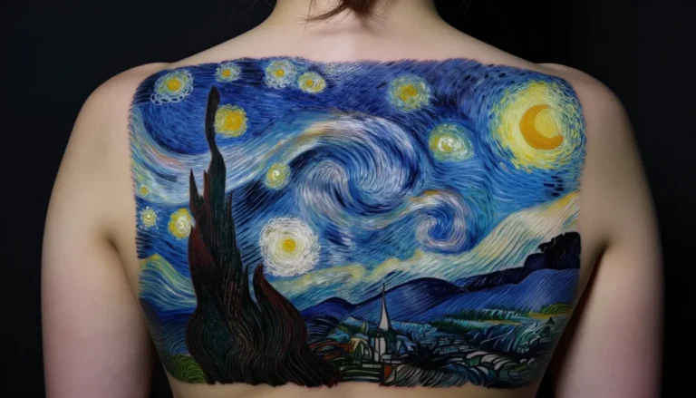 Tattoo depicting Vincent van Gogh's "Starry Night" on a woman’s upper back.