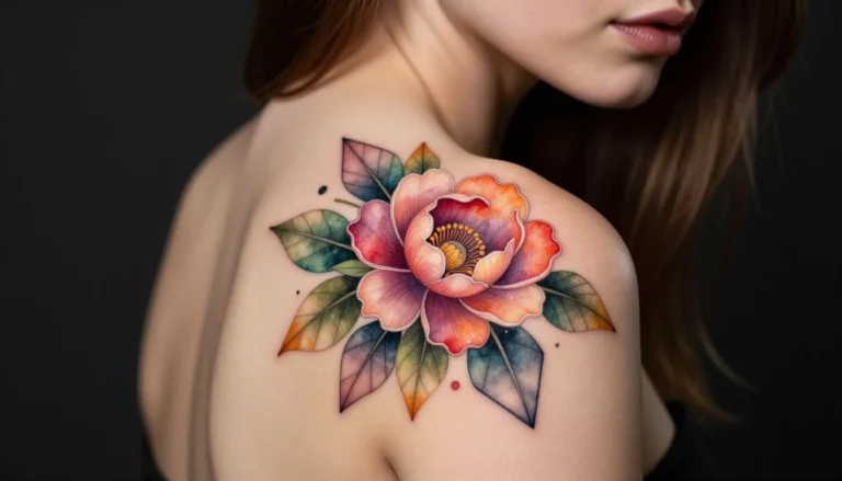 Watercolor flower and geometry tattoo design.