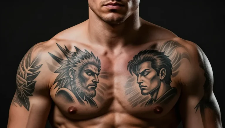 Мужчина с татуировками на груди