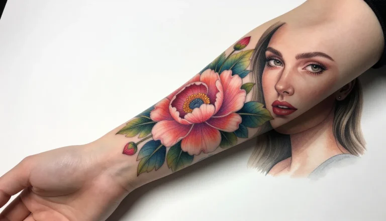 Colorful floral tattoo sketch on arm.